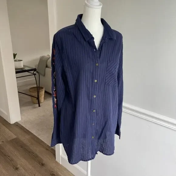 Sonoma Women L Embroidered Button Up Shirt Collared Cotton Gauzy Top Blue Tunic - Picture 1 of 10